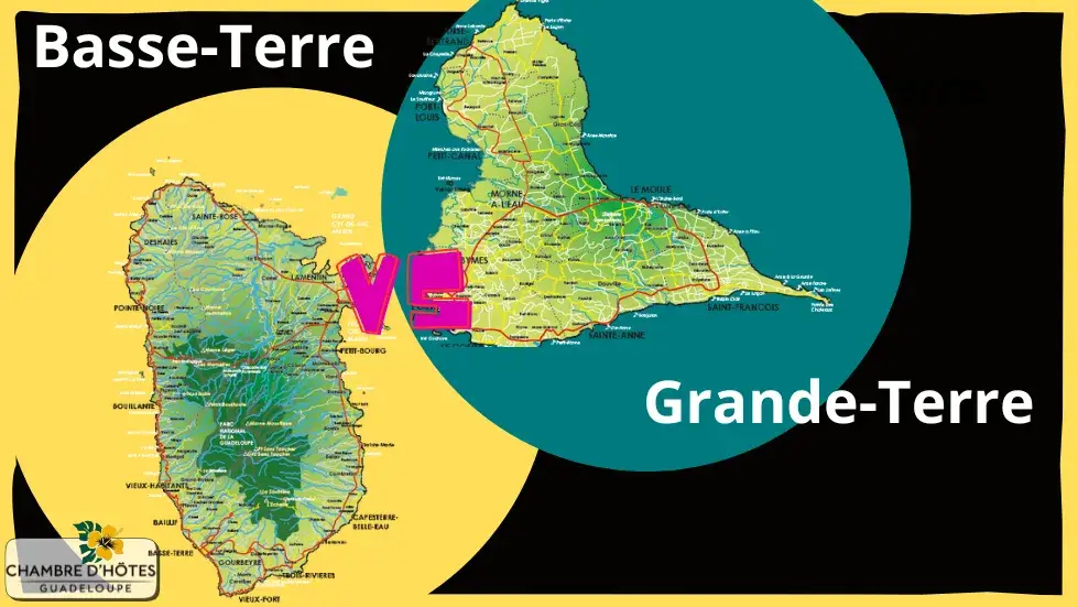 Illustration comparative mettant face à face la carte de la Basse-Terre et celle de la Grande-Terre pour aider les voyageurs à choisir entre nature sauvage et plages balnéaires de la Guadeloupe