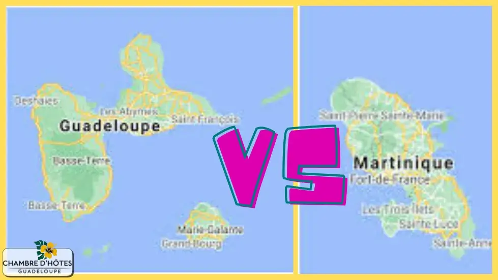 Carte graphique illustrant le duel Guadeloupe VS Martinique pour aider les voyageurs à choisir la meilleure destination pour leurs vacances aux Antilles
