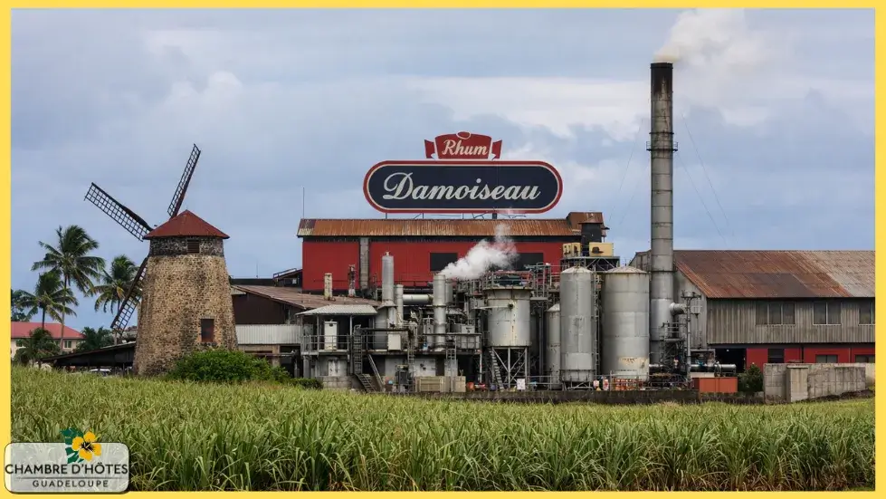 Vue sur le moulin à vent historique restauré à l'entrée du Domaine de Bellevue, site de production de la distillerie Damoiseau au Moule en Guadeloupe