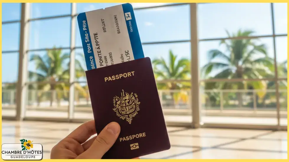 Voyageur tenant ses documents d'identité à l'aéroport face à un paysage tropical en Guadeloupe