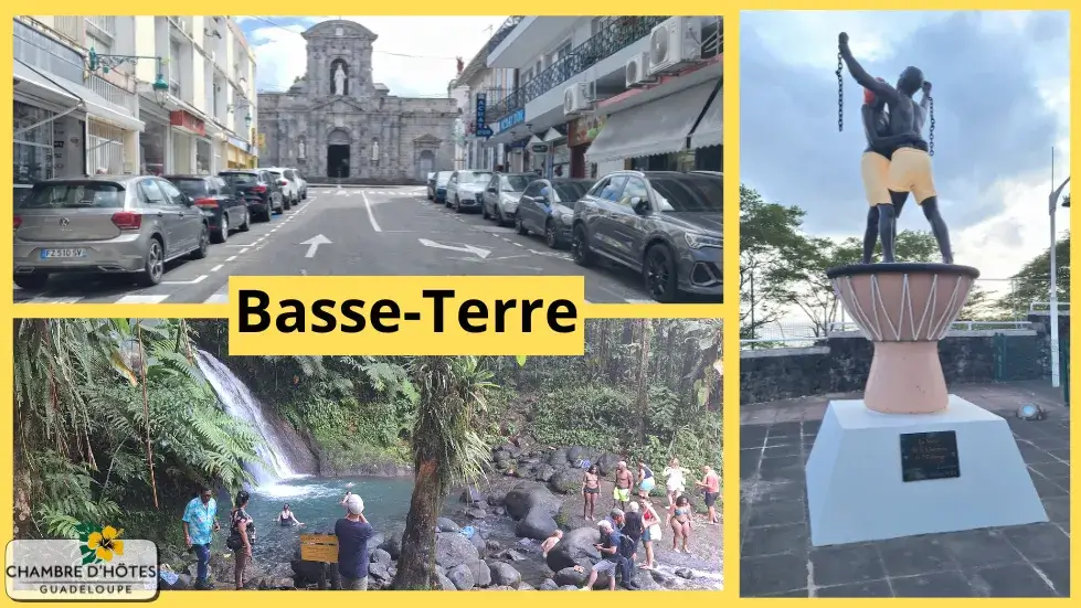 Triptyque représentant les atouts de la Basse-Terre en Guadeloupe : la cathédrale Notre-Dame, la statue de la Libération des esclaves et la fraîcheur de la Cascade aux Écrevisses