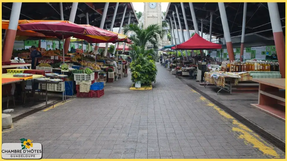 Découverte des produits du terroir (charcuterie, liqueurs) et de la vannerie artisanale au marché du centre-ville de Basse-Terre.