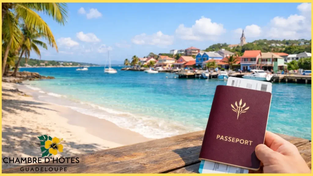 Main tenant un passeport avec un billet d'avion symbolisant les documents d'identité nécessaires au voyage pour la Guadeloupe