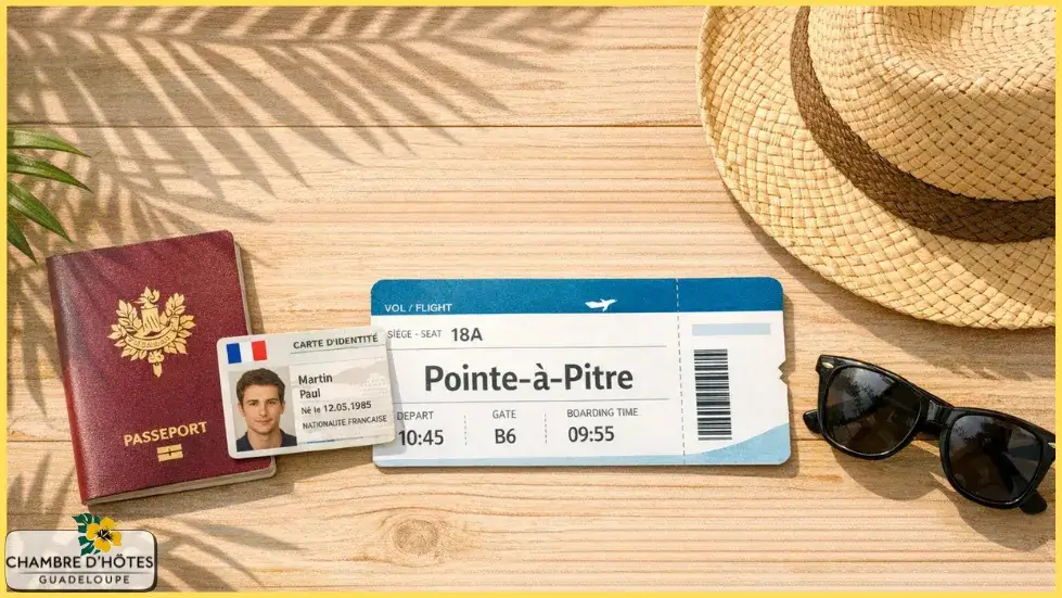 Vue de dessus d'un passeport et d'une carte d'identité française valides pour voyager en Guadeloupe posés sur une table