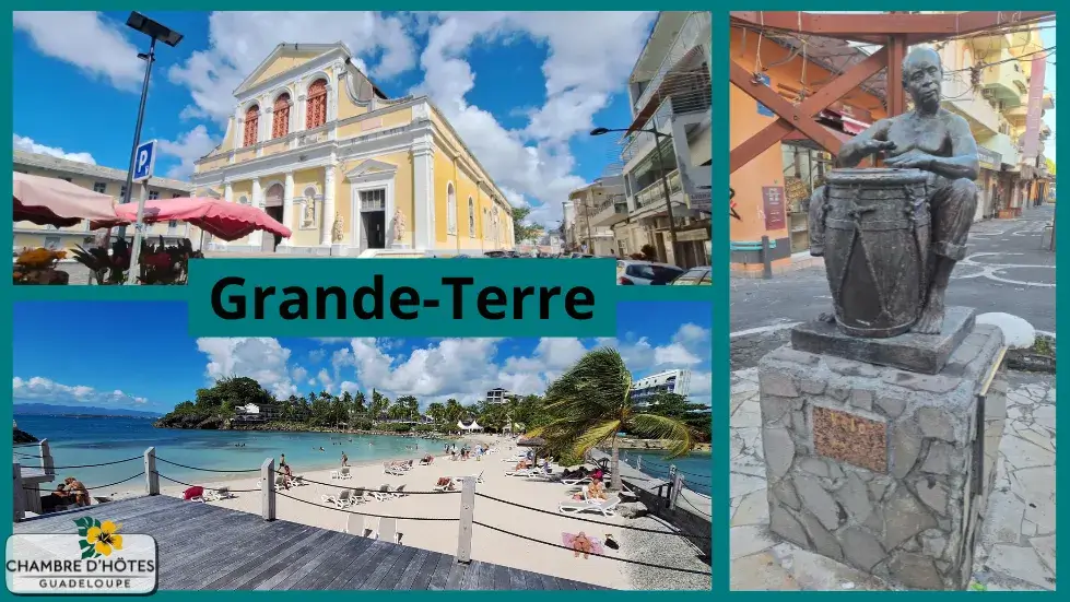 Triptyque illustrant l'ambiance de la Grande-Terre en Guadeloupe : l'architecture de l'église Saint-Pierre-et-Saint-Paul, la culture Gwo Ka avec la statue de Vélo, et les eaux turquoises de la plage du Gosier
