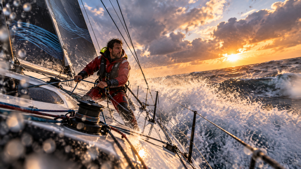 Illustration générée par IA d’un skipper manœuvrant son voilier dans de fortes vagues au coucher du soleil, pendant la Route du Rhum