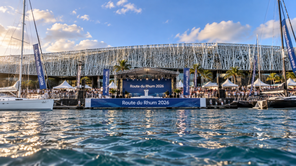 Podium de la Route du Rhum 2026 sur l’esplanade du Mémorial ACTe à Pointe-à -Pitre, en Guadeloupe